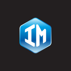 Initial letter IM, modern glossy hexagon logo, gradient blue color on black background	
 

