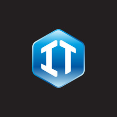 Initial letter IT, modern glossy hexagon logo, gradient blue color on black background	
 
