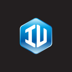 Initial letter IU, modern glossy hexagon logo, gradient blue color on black background	
 
