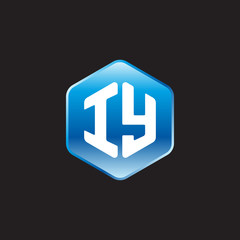 Initial letter IY, modern glossy hexagon logo, gradient blue color on black background	
 

