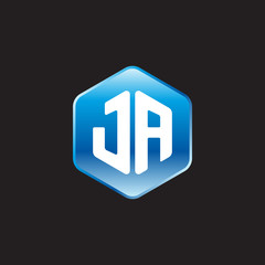 Initial letter JA, modern glossy hexagon logo, gradient blue color on black background	
 

