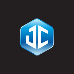 Initial letter JC, modern glossy hexagon logo, gradient blue color on black background	
 
