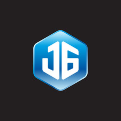 Initial letter JG, modern glossy hexagon logo, gradient blue color on black background	
 
