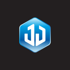 Initial letter JJ, modern glossy hexagon logo, gradient blue color on black background	
 

