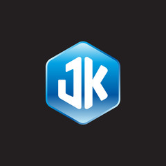 Initial letter JK, modern glossy hexagon logo, gradient blue color on black background	
 
