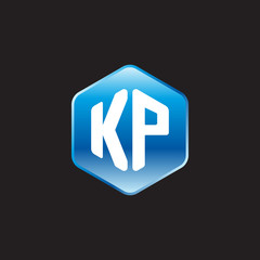 Initial letter KP, modern glossy hexagon logo, gradient blue color on black background	
 
