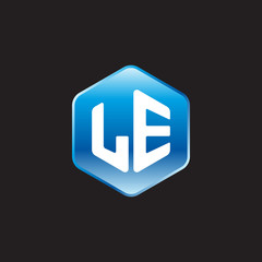 Initial letter LE, modern glossy hexagon logo, gradient blue color on black background	
 
