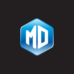 Initial letter MO, modern glossy hexagon logo, gradient blue color on black background	
 
