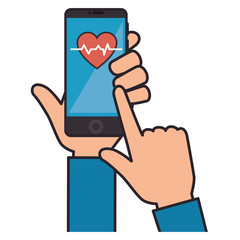hand holding a smartphone with medical app icon over white background vector illustration