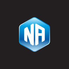 Initial letter NA, modern glossy hexagon logo, gradient blue color on black background	
 
