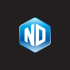 Initial letter ND, modern glossy hexagon logo, gradient blue color on black background	
 
