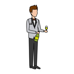 Fototapeta premium smiling groom holding a bottle and glass cup in a wedding vector illustration