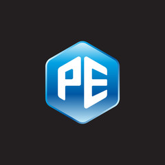 Initial letter PE, modern glossy hexagon logo, gradient blue color on black background	
 
