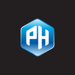Initial letter PH, modern glossy hexagon logo, gradient blue color on black background	
 
