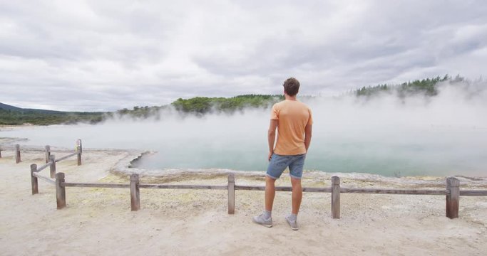 New Zealand travel tourist sightseeing north island visiting famous attraction Champagne pool, Waiotapu. Active geothermal area, Okataina Volcanic Centre, Reporoa, in Taupo Volcanic Zone, Rotorua.