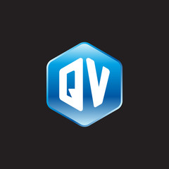 Initial letter QV, modern glossy hexagon logo, gradient blue color on black background	
 
