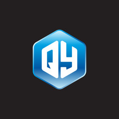 Initial letter QY, modern glossy hexagon logo, gradient blue color on black background	
 
