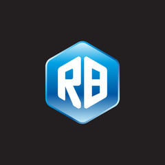 Initial letter RB, modern glossy hexagon logo, gradient blue color on black background	
 
