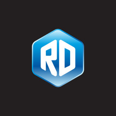 Initial letter RD, modern glossy hexagon logo, gradient blue color on black background	
 

