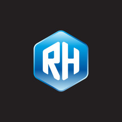 Initial letter RH, modern glossy hexagon logo, gradient blue color on black background	
 
