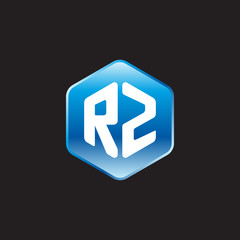 Initial letter RZ, modern glossy hexagon logo, gradient blue color on black background	
 
