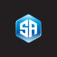 Initial letter SA, modern glossy hexagon logo, gradient blue color on black background	
 
