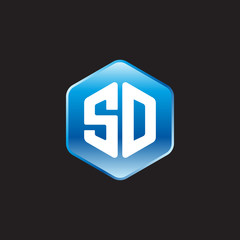 Initial letter SD, modern glossy hexagon logo, gradient blue color on black background	
 
