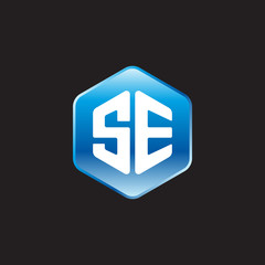 Initial letter SE, modern glossy hexagon logo, gradient blue color on black background	
 
