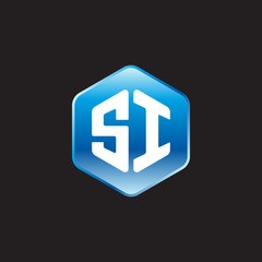 Initial letter SI, modern glossy hexagon logo, gradient blue color on black background	
 
