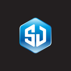 Initial letter SJ, modern glossy hexagon logo, gradient blue color on black background	
 
