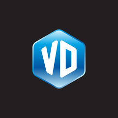 Initial letter VD, modern glossy hexagon logo, gradient blue color on black background	
 
