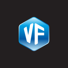 Initial letter VF, modern glossy hexagon logo, gradient blue color on black background	
 
