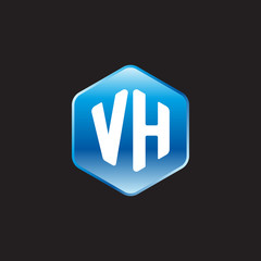 Initial letter VH, modern glossy hexagon logo, gradient blue color on black background	
 
