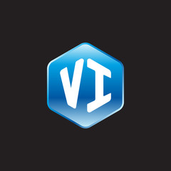 Initial letter VI, modern glossy hexagon logo, gradient blue color on black background	
 
