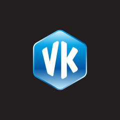 Initial letter VK, modern glossy hexagon logo, gradient blue color on black background	
 
