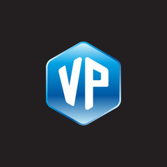 Fototapeta premium Initial letter VP, modern glossy hexagon logo, gradient blue color on black background 