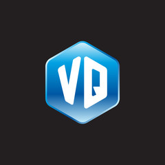 Initial letter VQ, modern glossy hexagon logo, gradient blue color on black background	
 
