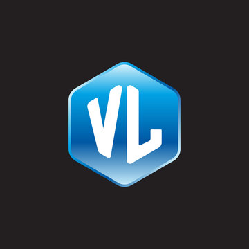 Initial letter VL, modern glossy hexagon logo, gradient blue color on black background	
 
