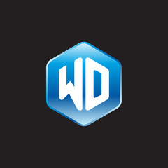 Initial letter WO, modern glossy hexagon logo, gradient blue color on black background	
 
