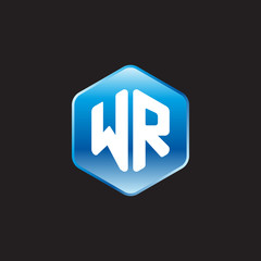 Initial letter WR, modern glossy hexagon logo, gradient blue color on black background	
 
