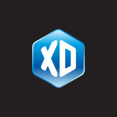 Initial letter XD, modern glossy hexagon logo, gradient blue color on black background	
 
