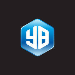 Initial letter YB, modern glossy hexagon logo, gradient blue color on black background	
 
