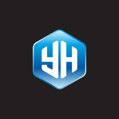 Initial letter YH, modern glossy hexagon logo, gradient blue color on black background	
 
