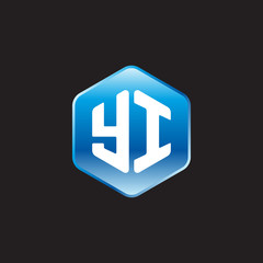 Initial letter YI, modern glossy hexagon logo, gradient blue color on black background	
 
