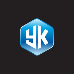 Initial letter YK, modern glossy hexagon logo, gradient blue color on black background	
 
