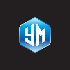 Initial letter YM, modern glossy hexagon logo, gradient blue color on black background	
 
