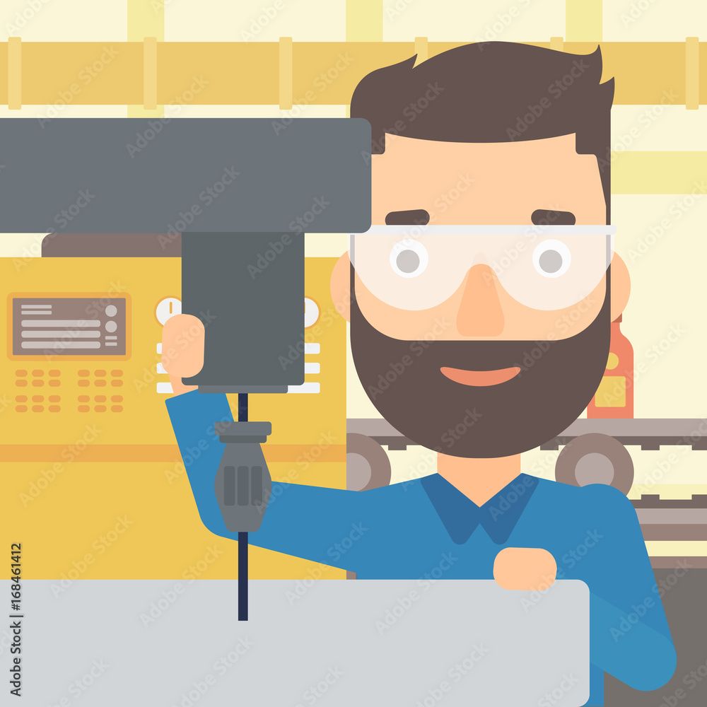 Poster a hipster man with the beard working with a drilling machine on the background of factory workshop w