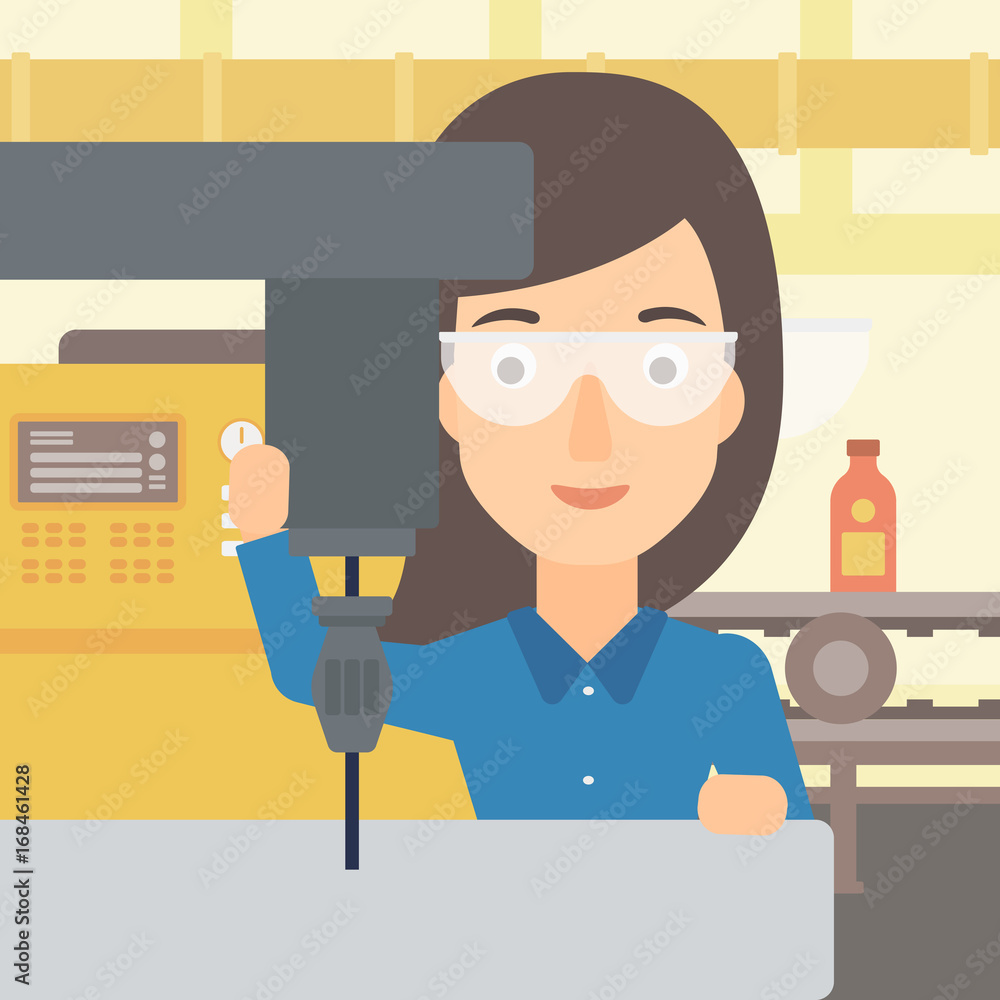 Poster a woman working with a drilling machine on the background of factory workshop with conveyor belt vec