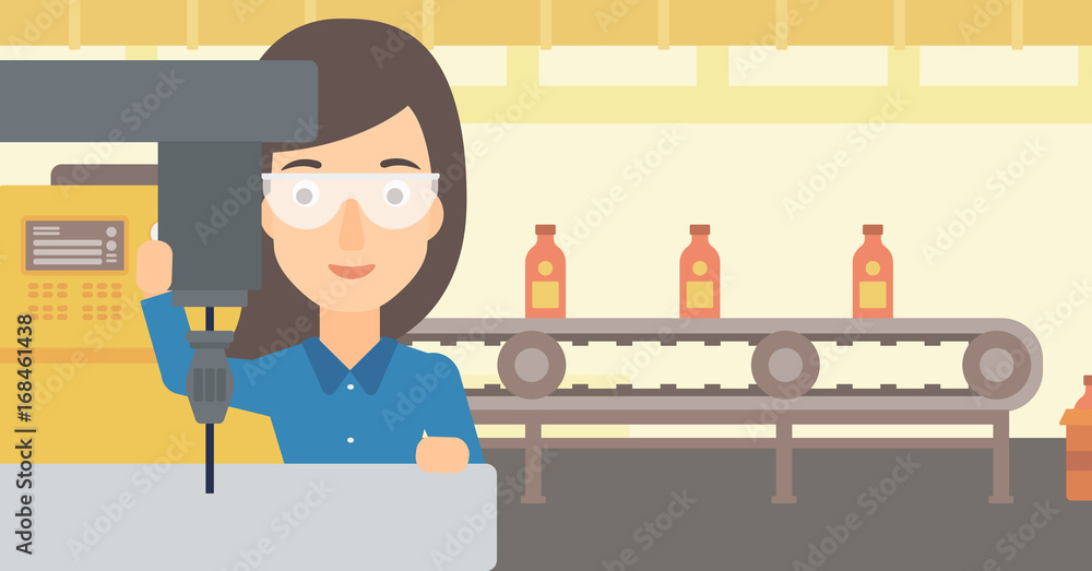 Poster a woman working with a drilling machine on the background of factory workshop with conveyor belt vec