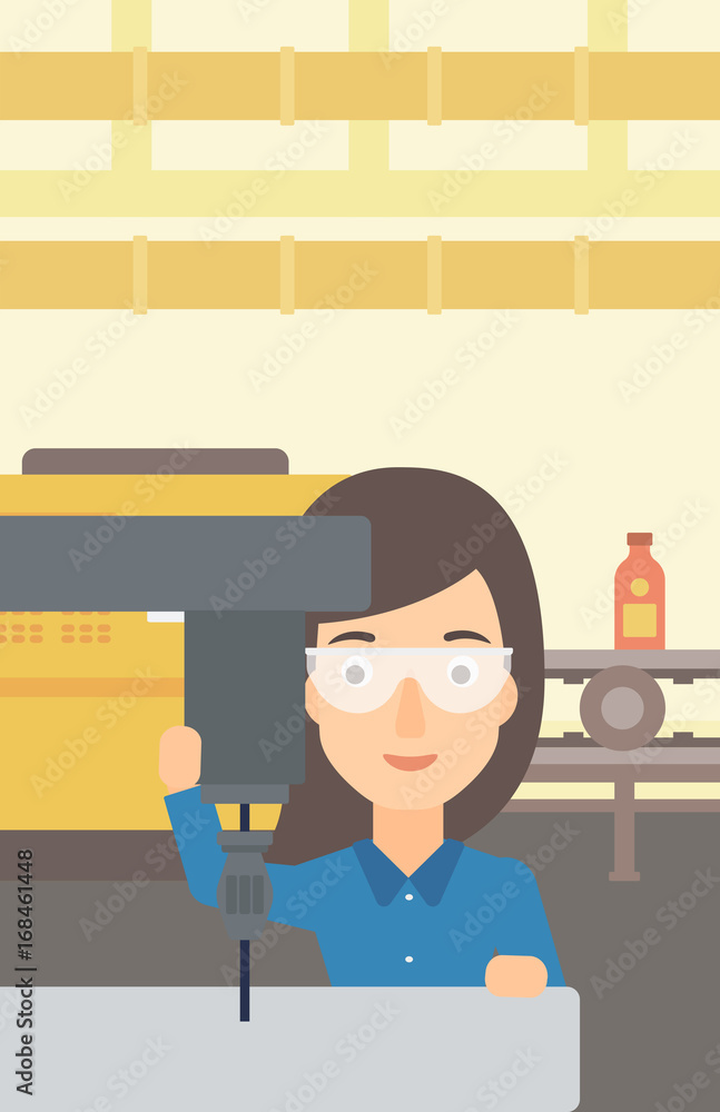 Poster a woman working with a drilling machine on the background of factory workshop with conveyor belt vec